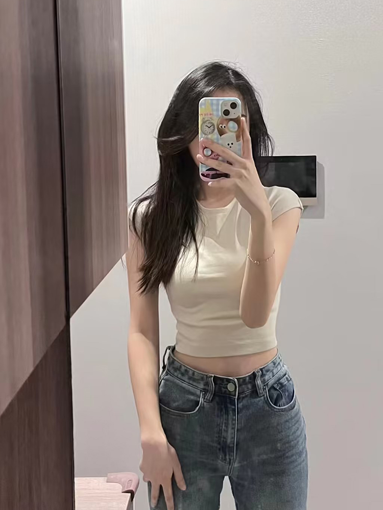 正肩小飛袖短袖女t恤甜辣短款設計感小眾收腰緊身無袖修身上衣夏