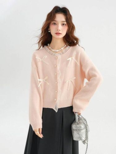 Love Rose Large Size French Bow Light Pink Sweater 2024 Spring Women's New Small Fragrance Style Knitted Cardigan