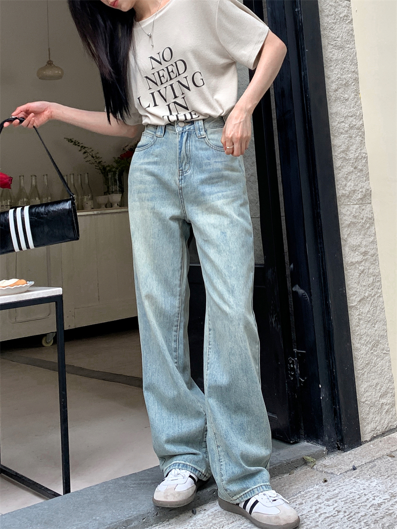 實拍  早春高腰直筒牛仔褲女新款2024寬鬆顯瘦垂感淺藍闊腿拖地褲