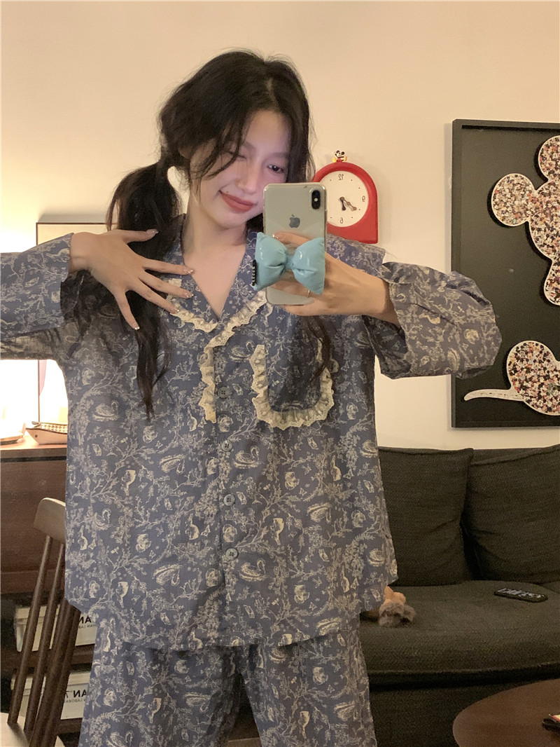 Real shot of Korean style sweet lace loose cotton retro Chinese style printed loose and comfortable autumn home wear set