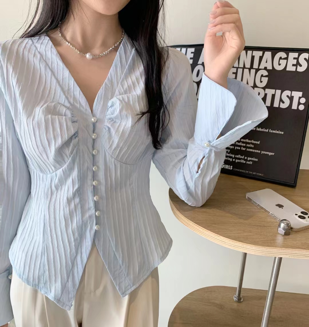 V-neck small fresh Korean style long-sleeved slim shirt chiffon top women's early spring
