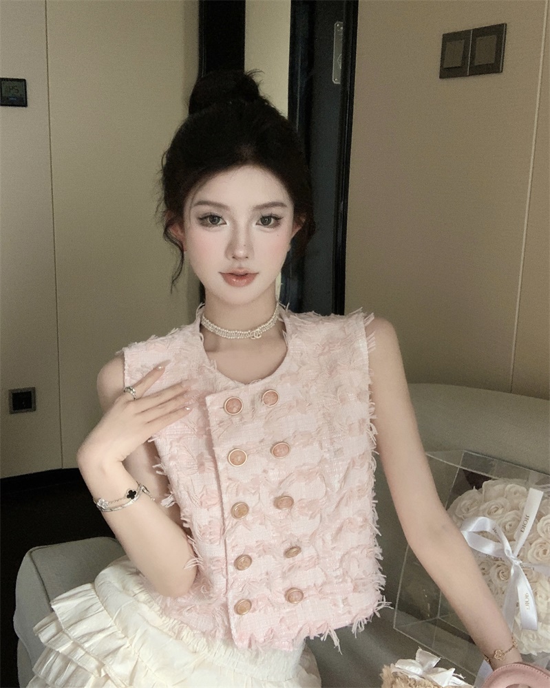Actual shot of Xiaoxiang style double-breasted tassel vest jacket