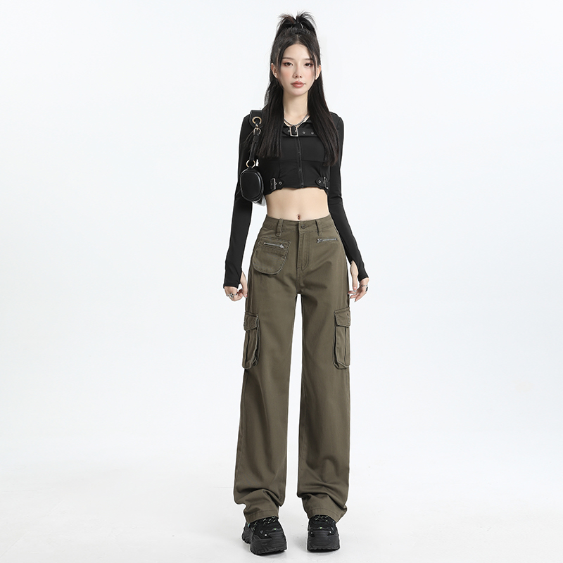 實拍2024早春時尚潮流直筒闊腿寬鬆工裝牛仔褲女