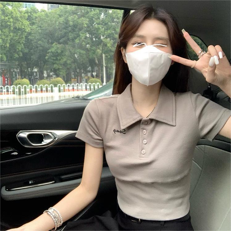 已出貨 甜辣妹polo領正肩t恤女短袖年春夏短款修身顯瘦上衣