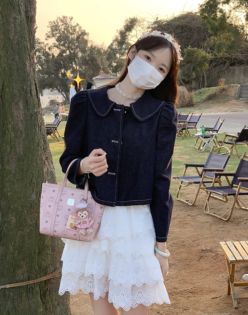 實拍洋氣愛心扣百搭牛仔外套+純欲芭蕾風蛋糕吊帶連衣裙