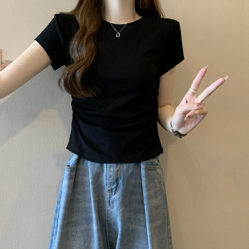40支純棉 2024夏裝美式辣妹收腰t恤小飛袖抽褶短袖