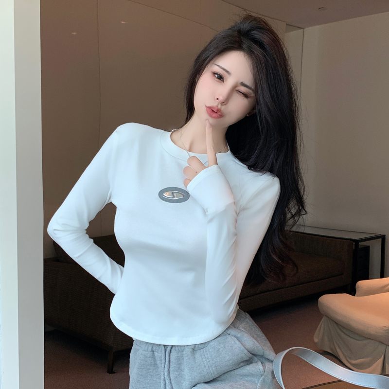 實拍 小眾設計感韓版長袖T恤純欲風小心機上衣收腰弧形高腰打底衫