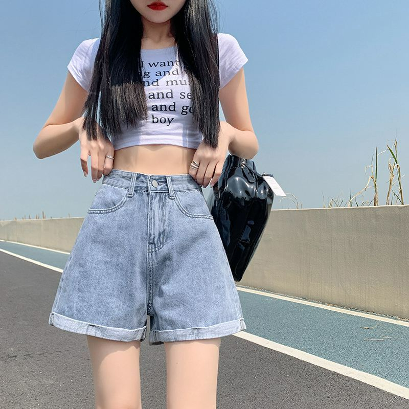 卷邊牛仔短褲女外穿時尚a字薄款高腰休閒寬鬆韓版闊腿ins熱褲子夏