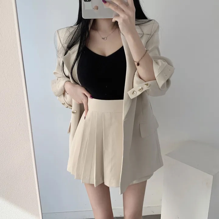 Korean style suit suit spring and autumn new small preppy style suit jacket + pleated skirt two-piece set