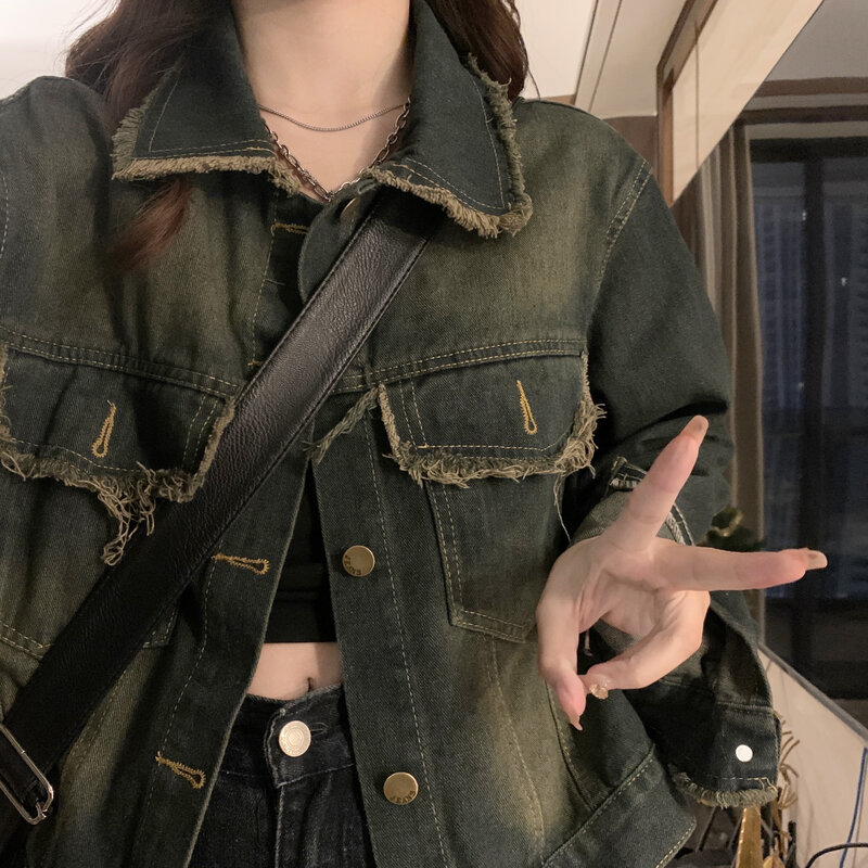 復古做舊毛邊牛仔外套春季新款韓版小個子高級感短款上衣女