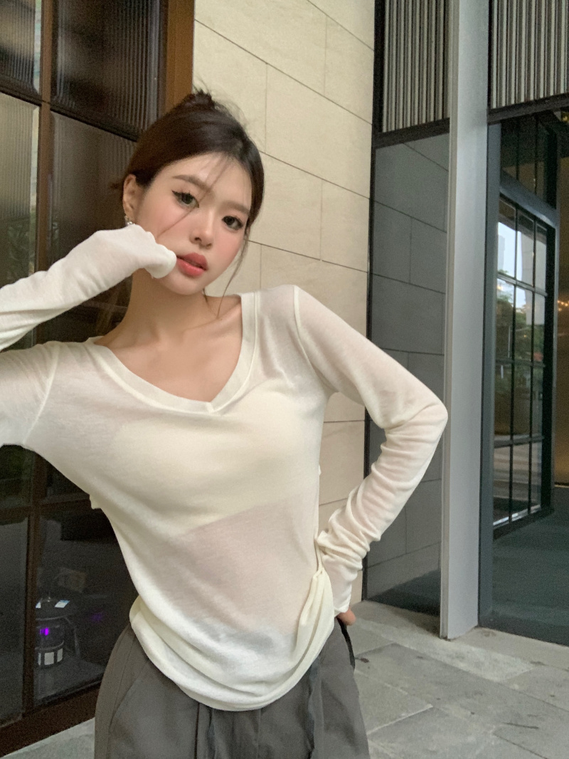 實拍 辣妹後背鏤空露腰V領長袖t恤百搭薄款純色打底衫防曬衣