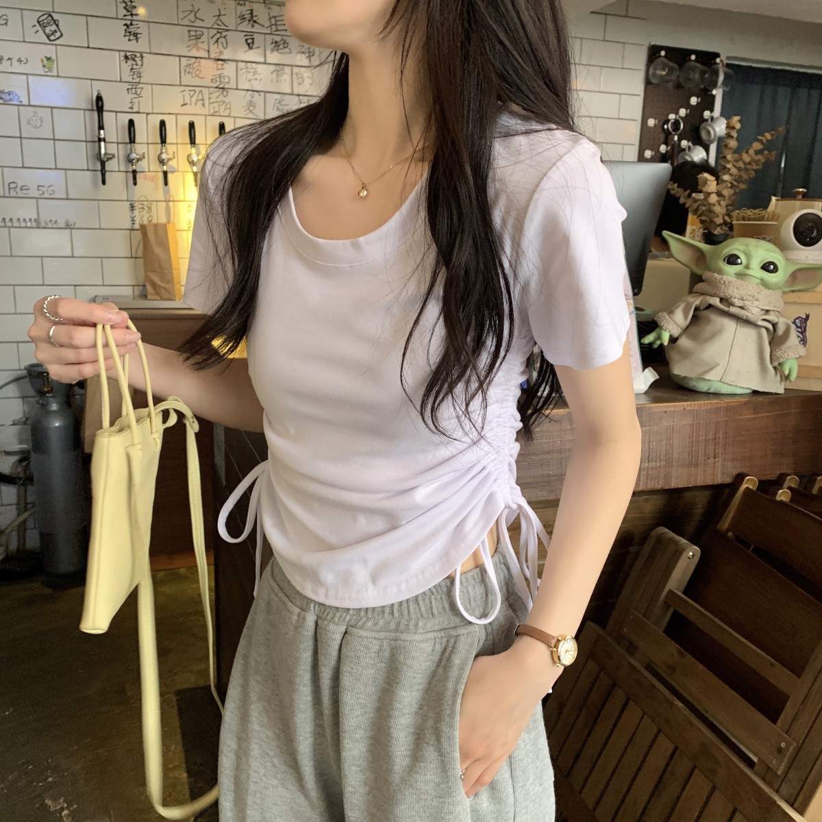 Actual shot of spring and summer Korean style round neck versatile drawstring pleated design short-sleeved T-shirt women's tops