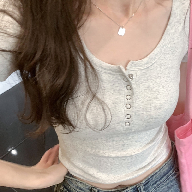 純欲風正肩U領短袖t恤女夏季設計感小眾修身顯瘦辣妹紐扣基礎上衣