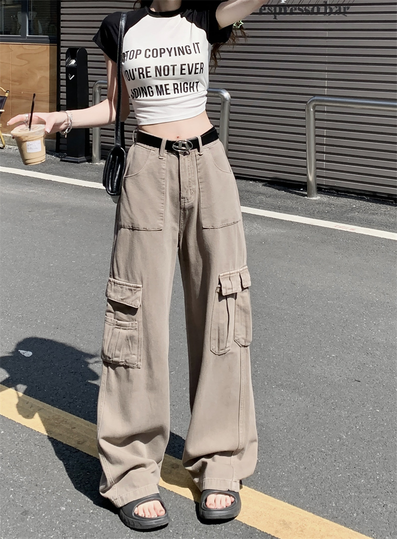 實拍 春季新款高腰牛仔工裝褲潮寬鬆休閒直筒闊腿長牛仔褲女