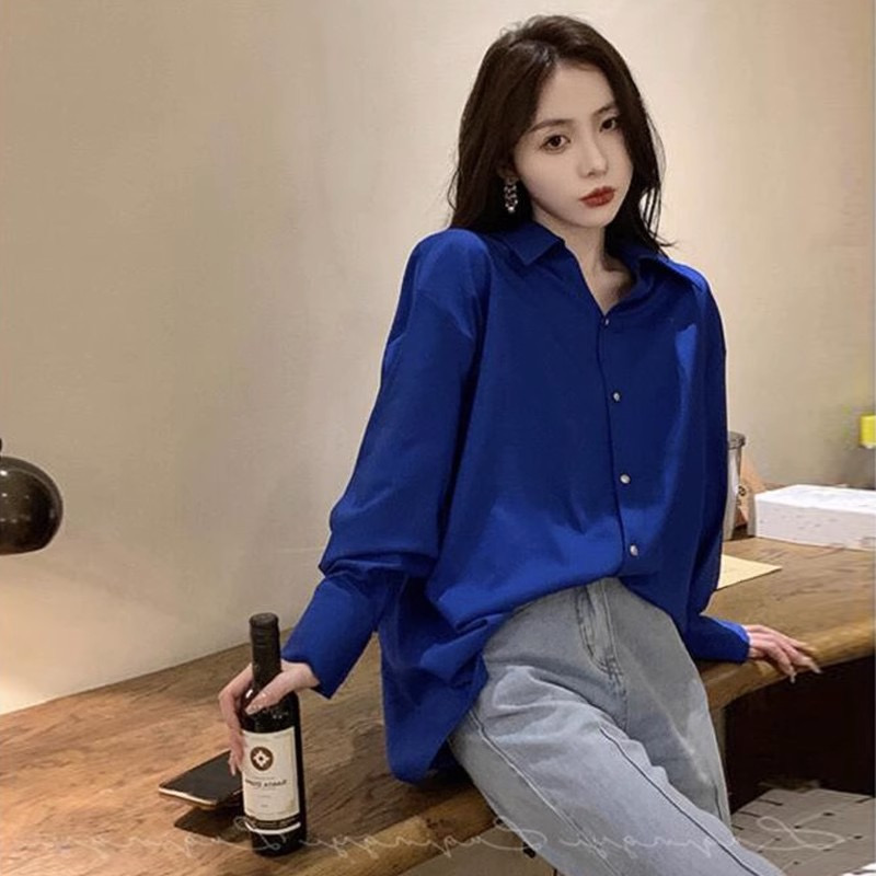 秋裝2024復古港味藍色長袖襯衫女設計感小眾氣質外穿百搭上衣