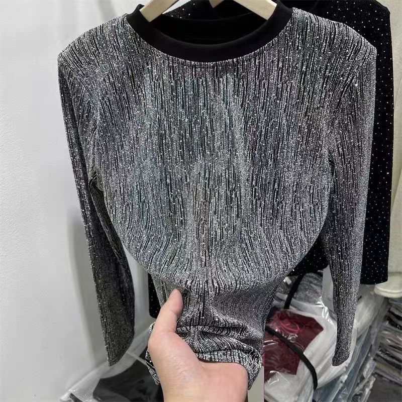 歐貨重工燙鑽圓領長袖t恤女春秋2024新款修身顯瘦百搭打底衫上衣