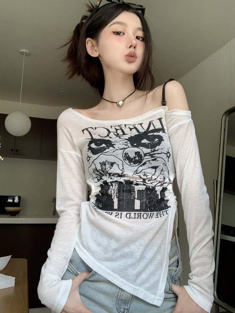 Already shipped sun protection clothing for women summer retro sweet and cool girl one-line collar off-shoulder and waist design long sleeves