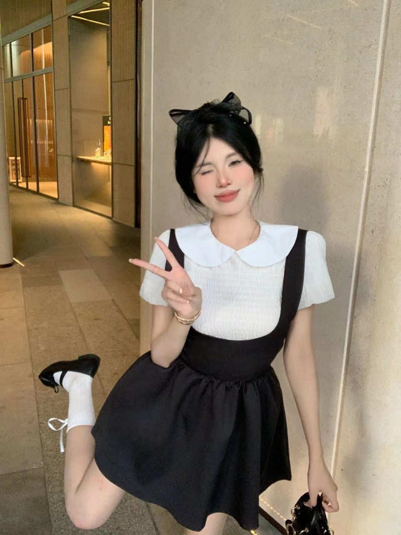 實拍~氣質高級感吊帶連衣裙黑色短款小衫女背帶裙上衣套裝潮
