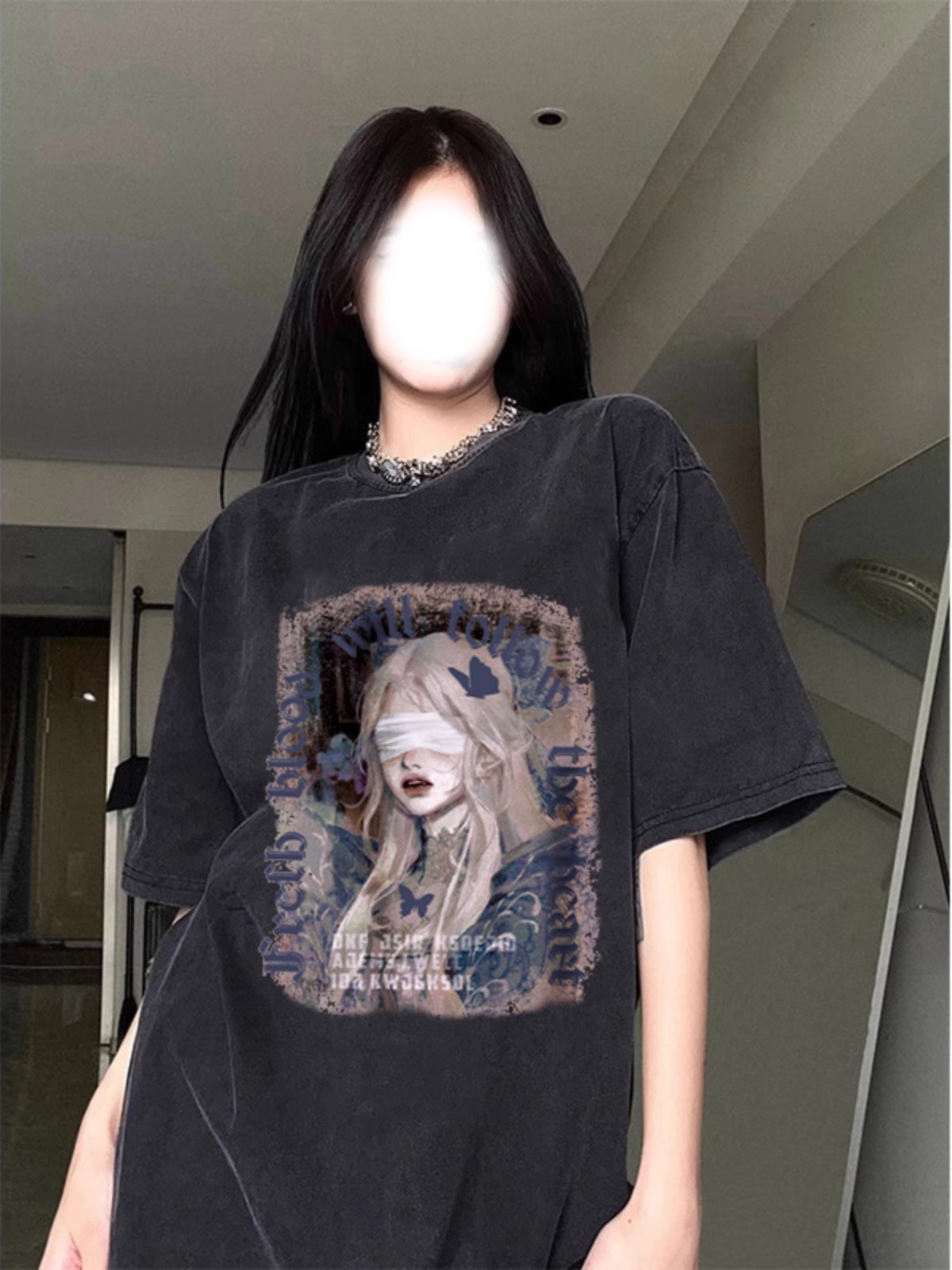 純棉230克21支精梳緊密直播品質水洗做舊 前 印花短袖T恤女