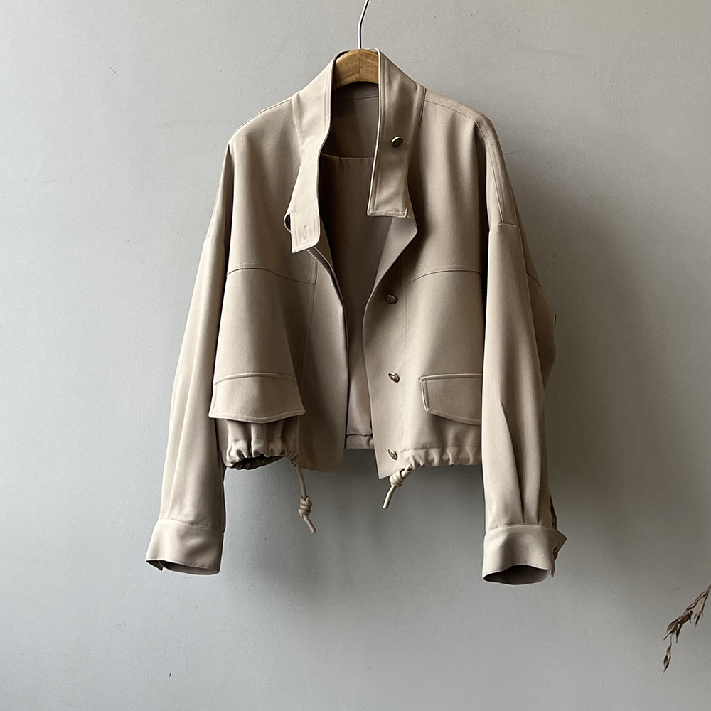 Actual shot ~ Korean style stand collar jacket cardigan for women 2024 spring new loose hem drawstring short coat