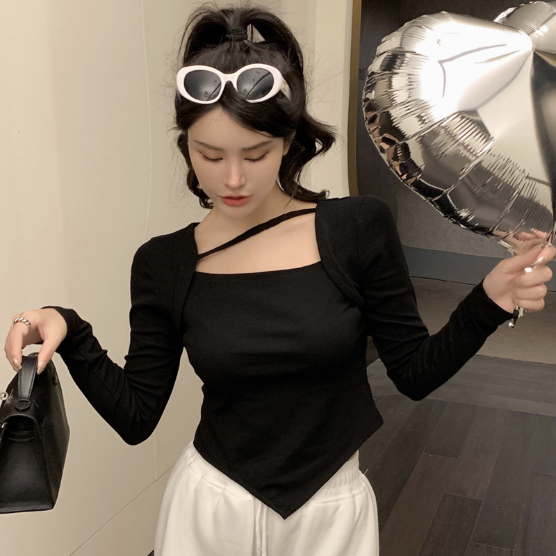 實拍 早春款純欲風方領不規則修身t恤女長袖打底小心機假兩件上衣