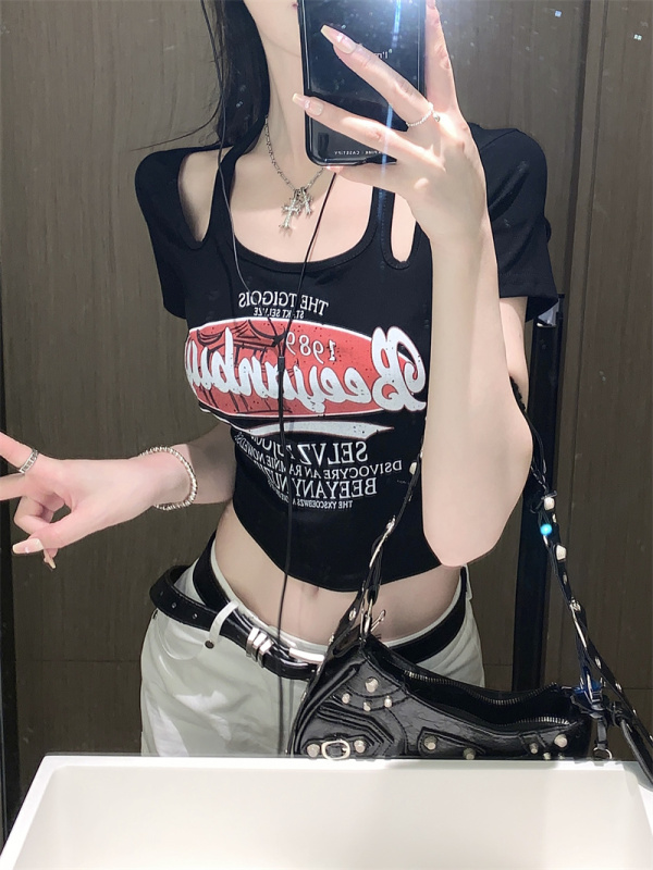 美式短款上衣女黑色正肩t恤女短袖2024新款辣妹裝美式甜辣短上衣