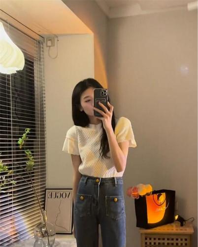 韩版叠叠袖短袖针织衫女薄款夏季新款气质洋气格纹设计感小众上衣
