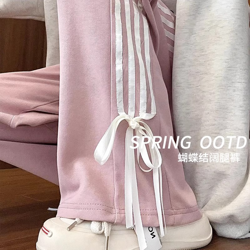 原版做法 純棉華棉複合牛奶絲絲帶蝴蝶結直筒褲運動褲