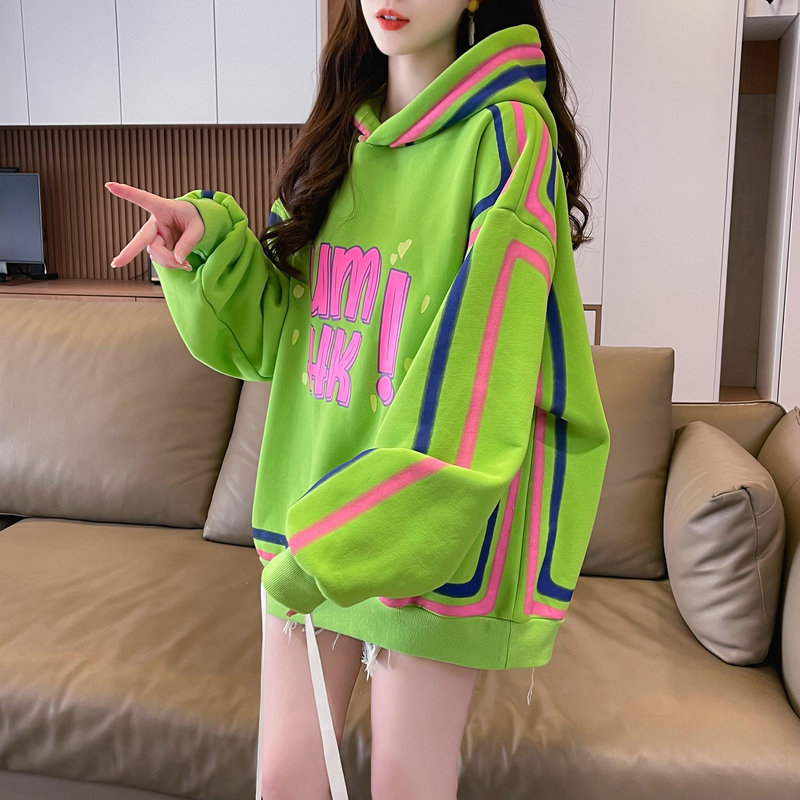 實拍 2024春季新款韓版連帽字母印花拼接大碼簡約薄款衛衣女
