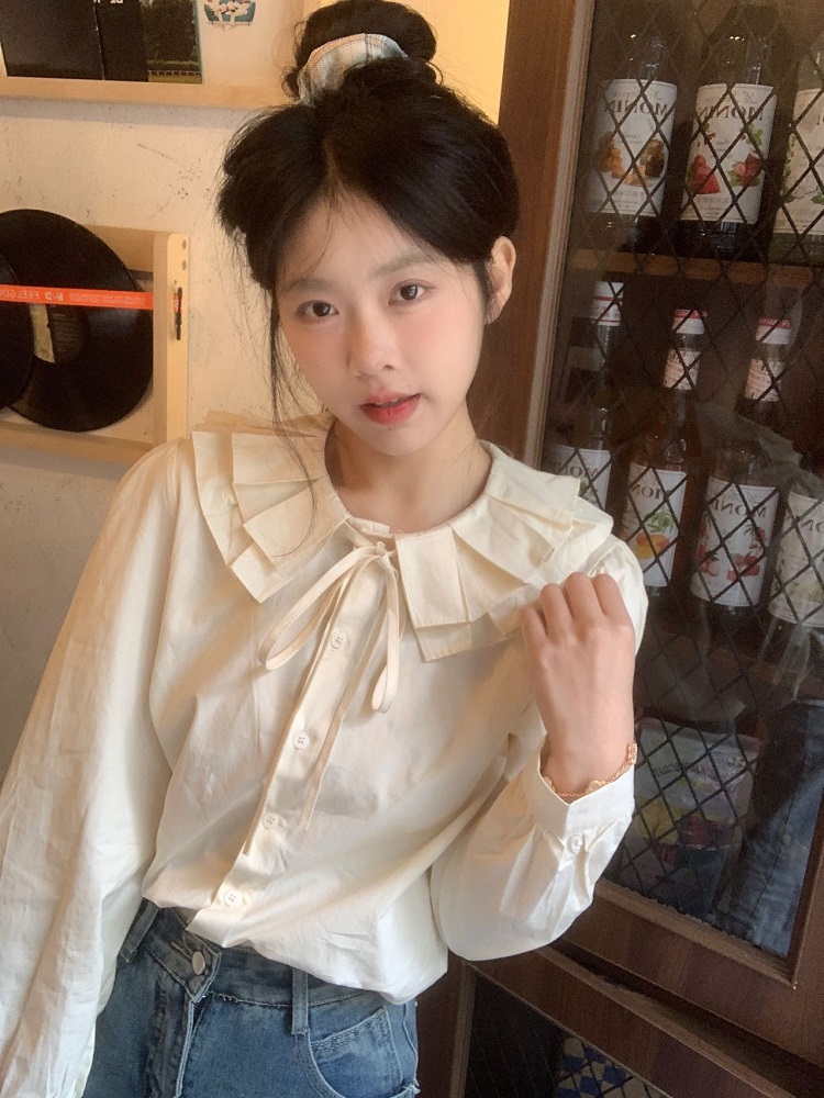 Actual shot of a designer double-layer pleated collar shirt, loose slimming long-sleeved top