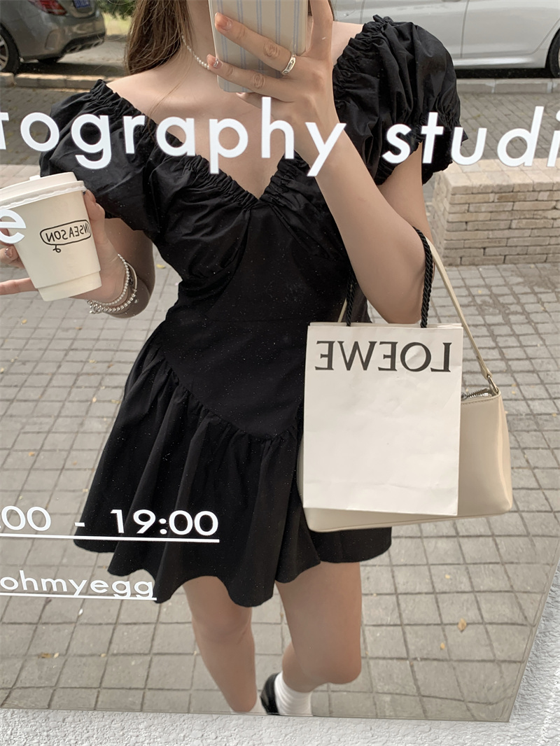 實拍~褶皺連衣裙女夏季高級感收腰顯瘦甜美仙女公主裙