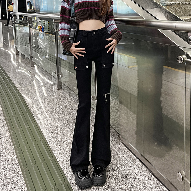 實拍2024早春時尚潮流修身微喇美式復古牛仔褲女