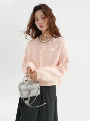 Love Rose Large Size French Bow Light Pink Sweater 2024 Spring Women's New Small Fragrance Style Knitted Cardigan