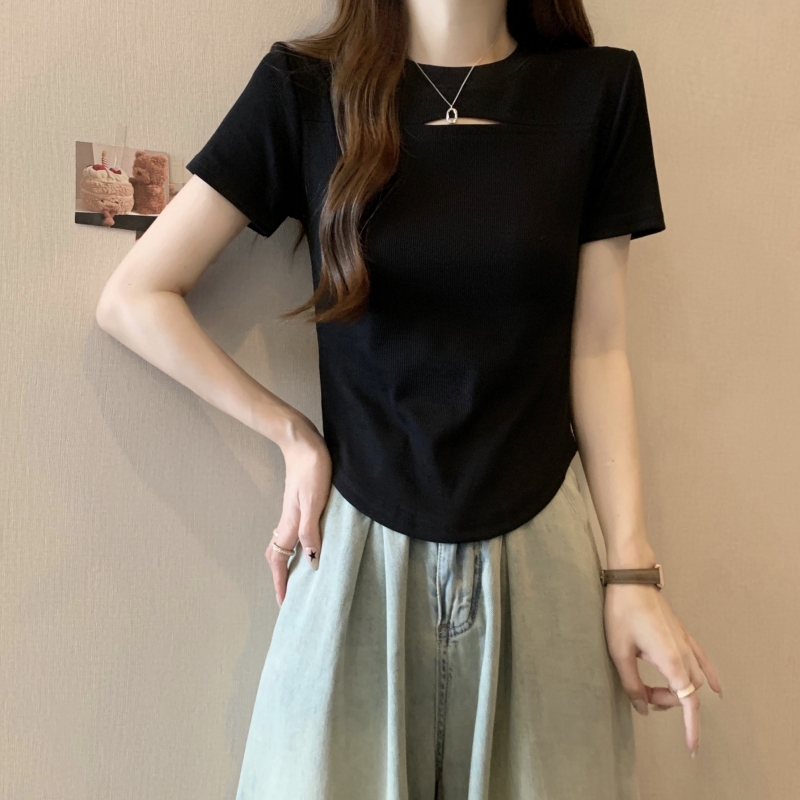 實拍  40支純棉 2024夏裝鏤空設計感小眾短袖T恤女百搭