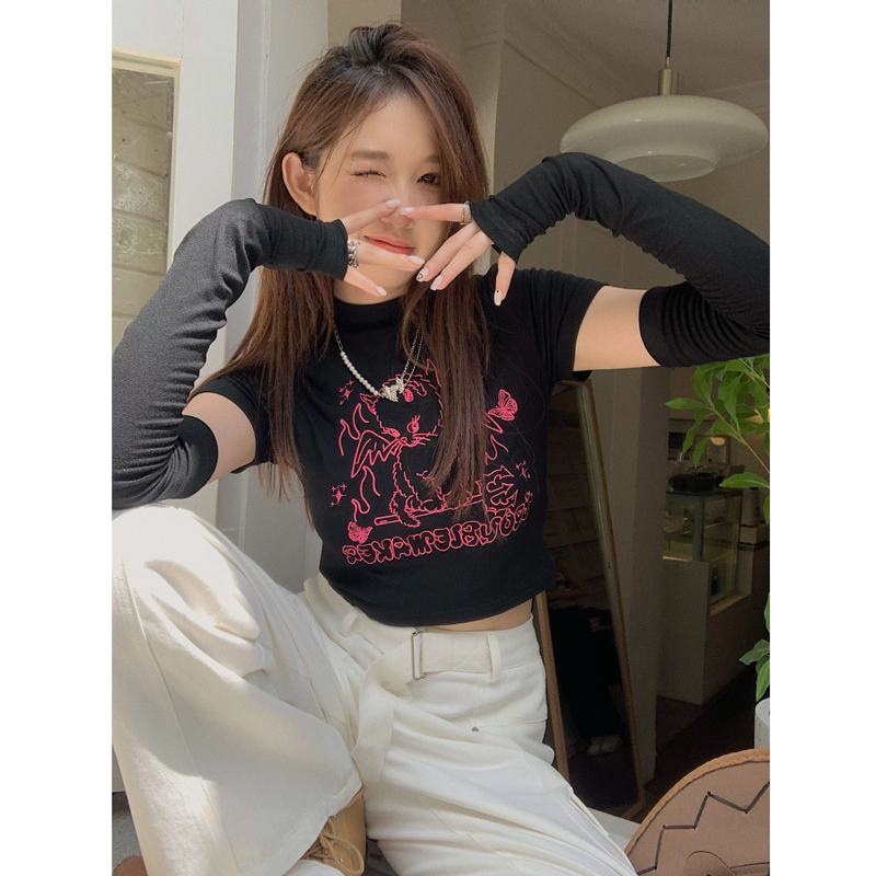 已出貨 韓系袖套t恤女夏圓領印花短袖寬鬆露臍短款上衣