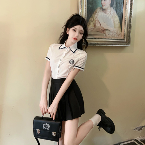 Real shot college style jk suit uniform technician work clothes western style age reducing slim pleated skirt shirt two piece set