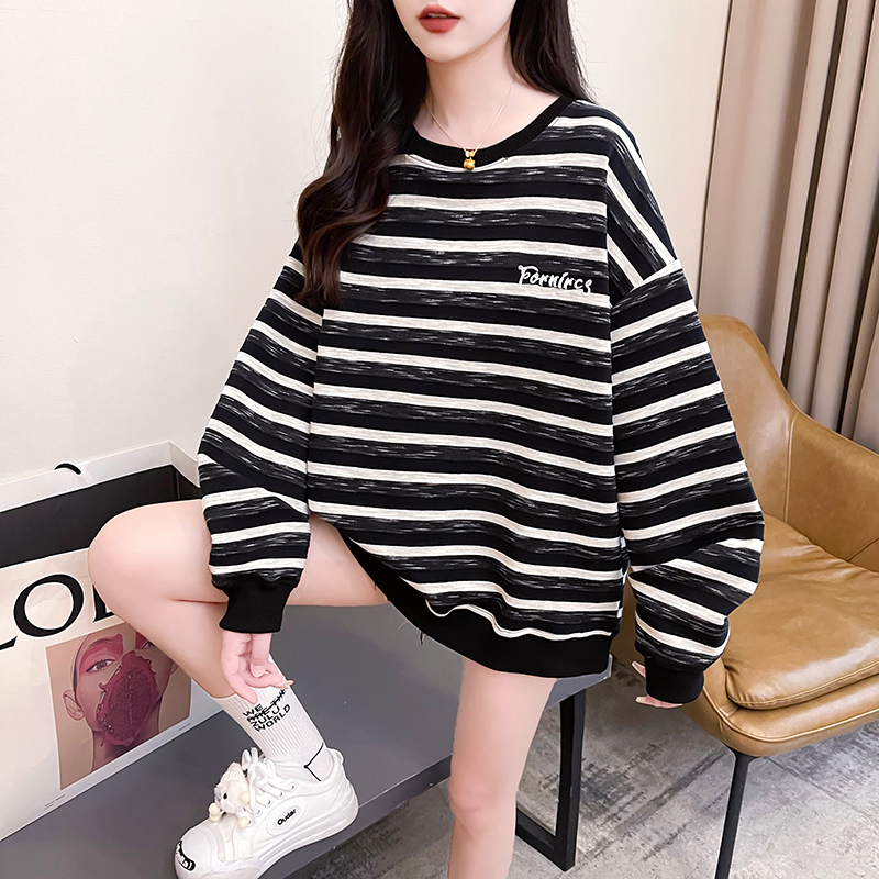 實拍 2024春季韓版寬鬆雲彩棉複合圓領刺繡條紋大碼薄款衛衣女