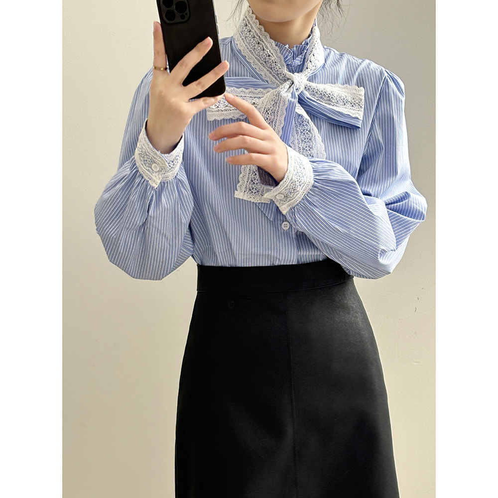 Real shot ~ Lace strap bow striped shirt for women 2024 spring temperament loose and versatile shirt