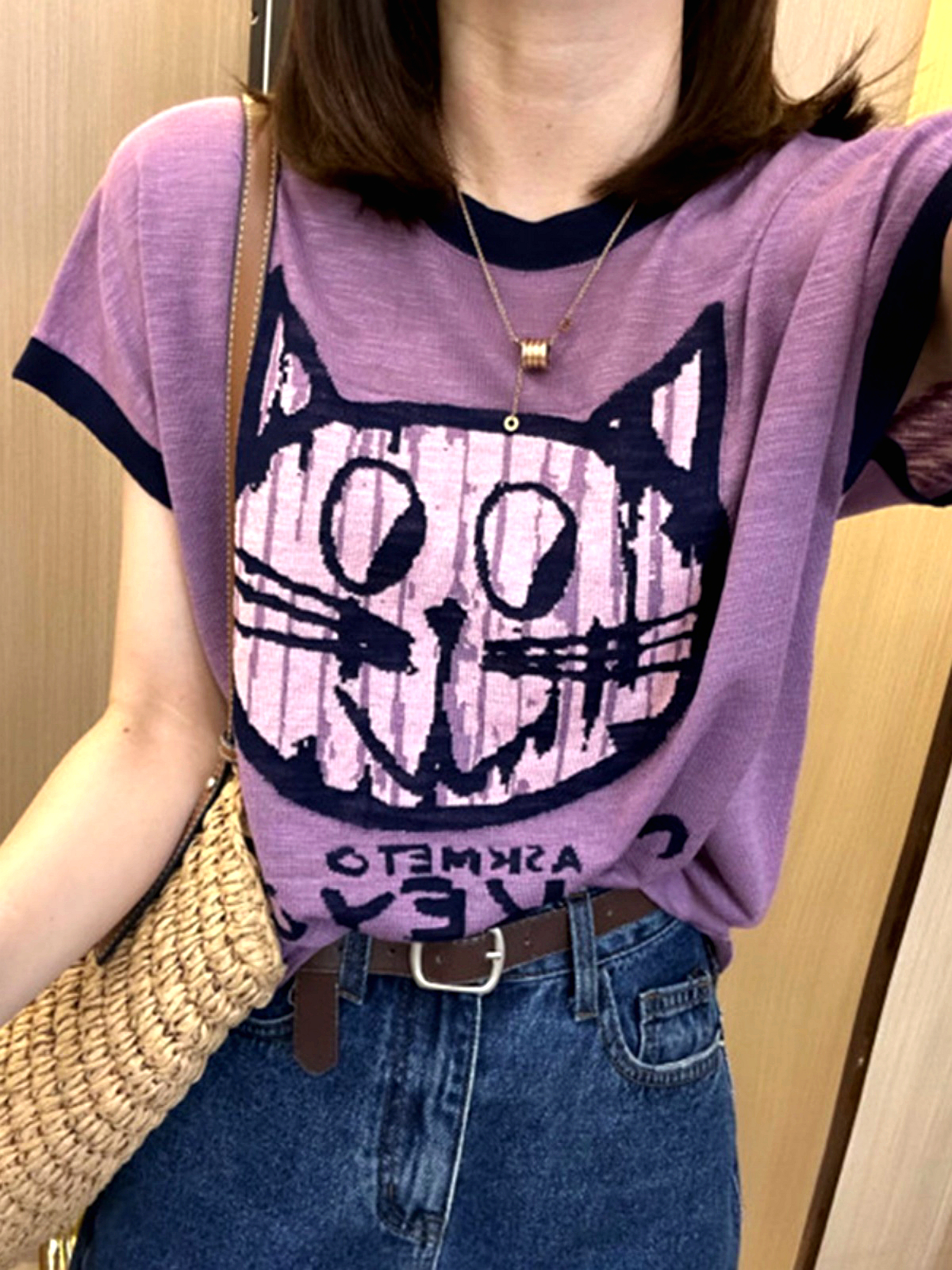 2024夏季新款設計感時尚貓咪提花拼色邊寬鬆上衣女
