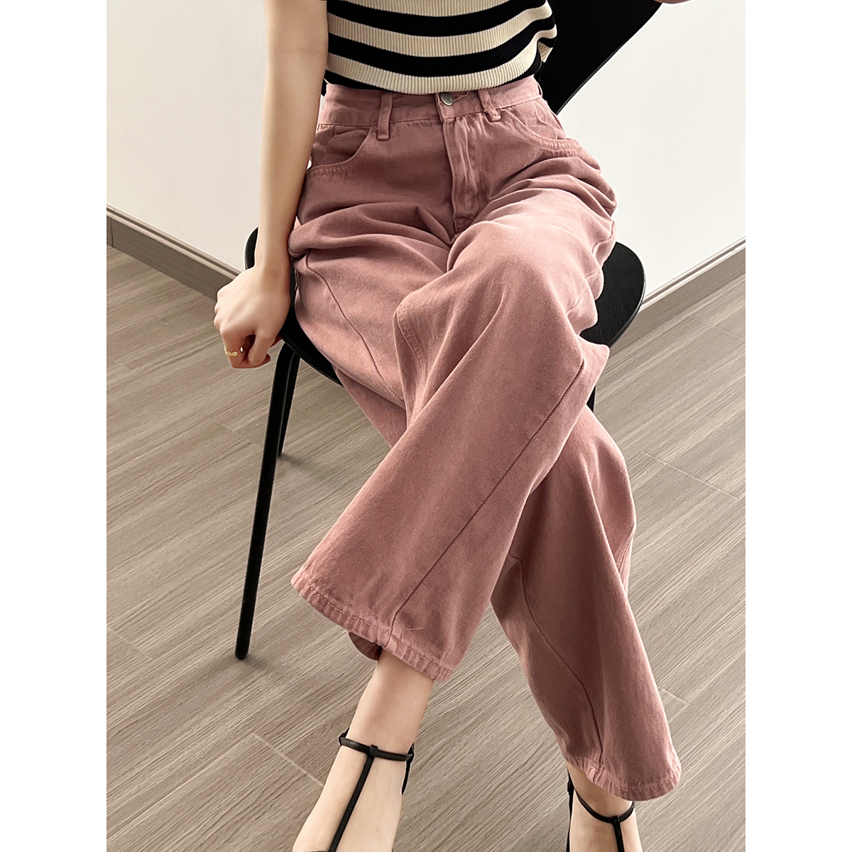 實拍~ 粉色休閒直筒牛仔褲女2024春季新款高腰寬鬆闊腿褲子