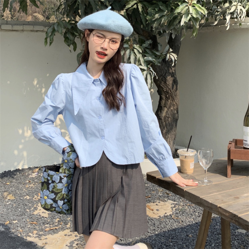 2024 Spring New Korean Style Point Collar Design Niche Western Style Puff Sleeve Blouse Real Shot