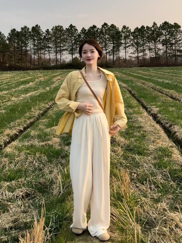 黃色襯衫女款春季薄款設計感小眾一整套穿搭女裝闊腿褲兩件套裝