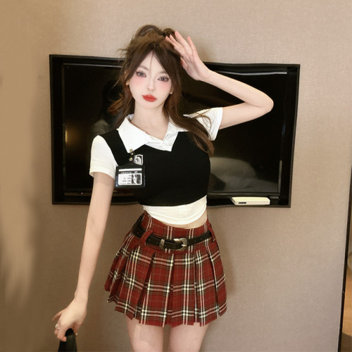 American college style female college fake two-piece knitted vest top plaid pleated skirt two-piece suit for hot girls