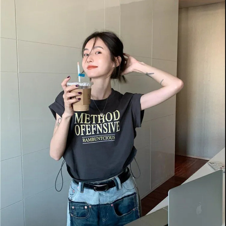 短袖正肩T恤女短款美式小眾獨特别致抽繩綁帶甜辣jazz上衣夏顯瘦