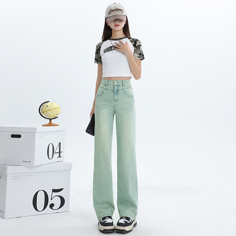 實拍~翡翠綠直筒褲+2024春秋新款韓版YKK辣妹顯高百搭闊腿褲