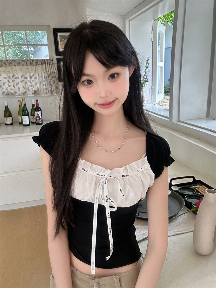 實拍純欲辣妹蝴蝶結短袖T恤女夏法式顯瘦短款高腰上衣