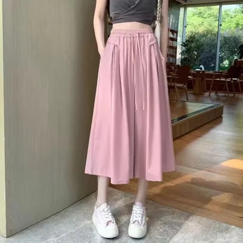 冰絲闊腿裙褲女夏季薄款高腰顯瘦垂感小個子八分褲遮胯休閒直筒褲