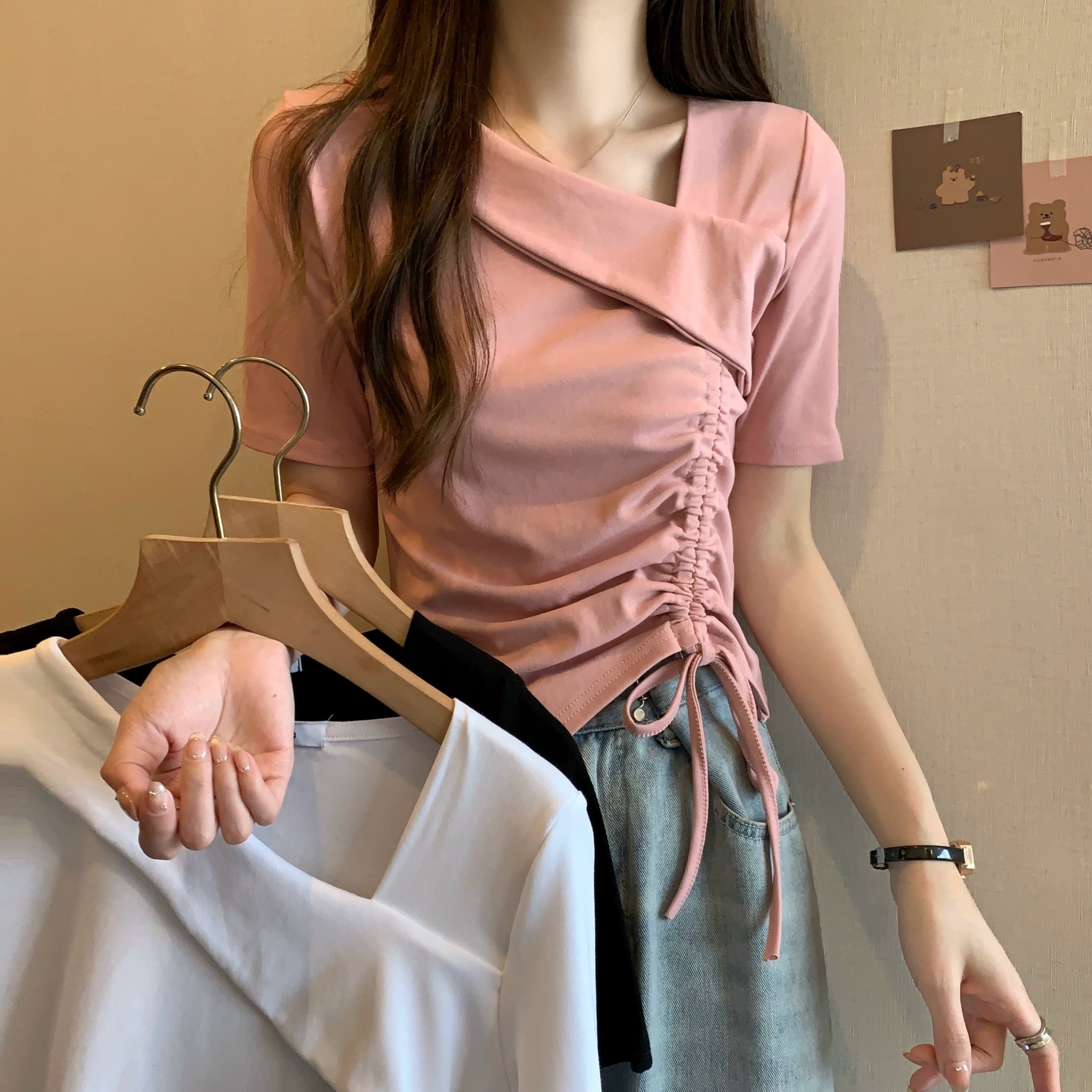 大碼女裝不規則抽褶上衣胖MM夏季新款v領修身顯瘦短袖t恤潮