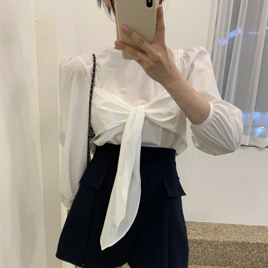 South Korea's Dongdaemun Retro Fashion Round Neck Bow Tie Loose Versatile Puff Sleeve Shirt Top