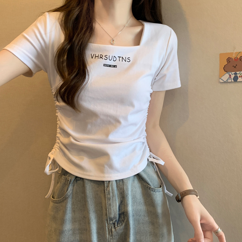 方領短袖t恤女夏裝大碼胖mm遮肚子顯瘦設計感抽繩短款不規則上衣